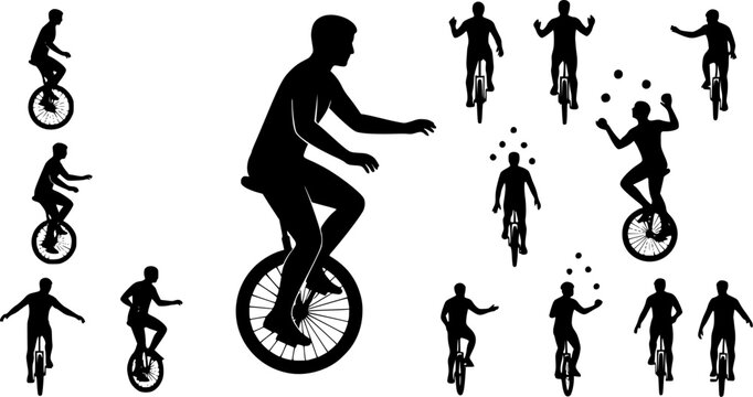 circus player , riding bike , juggling silhouette vector illustration 