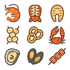 Fototapeta premium Seafood Grill Icons. Flat icon set of seafood grill: grilled shrimp, lobster tail, fish steak, scallop skewers