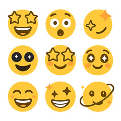 Fototapeta premium Starry Expression Icons. Flat icon set of star-struck: star eyes, dazzled mouth, shining stars, cosmic grin,