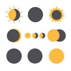 Solar Eclipse Icons. Flat icon set of solar eclipse: sun half covered, moon silhouette, corona rays, diamond