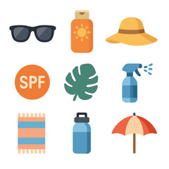 Sun Protection Icons. Flat icon set of sun with weather: sun with rain, sun with snowflake, sun with lightning