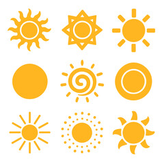 Sun Icon Collection. Flat icon set of sun motifs: tribal sun, geometric sun, abstract sun, spiral sun,