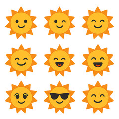 Sunny Faces Icon Set. Flat icon set of sun with faces: smiling sun, winking sun, sleepy sun, grinning sun,