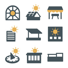 Sunshine Architectural Icons. Flat icon set of sun in architecture: sunburst window, sun roof, sunshade awning