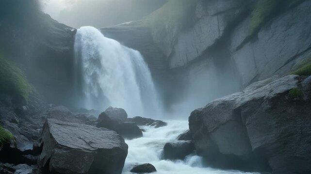 Majestic waterfall tumbles over rugged cliffs, creating a powerful cascade of white water amidst lush green foliage and misty natural surroundings in a serene mountain landscape