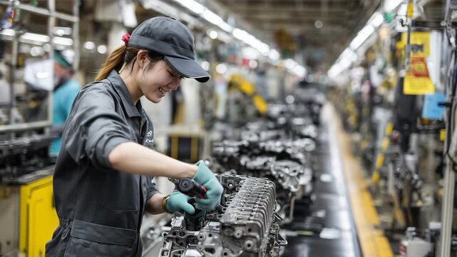 女性が自動車組立ラインでブラケットを締め付ける