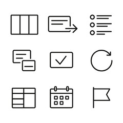 Kanban Workflow Icons. Outline icon set of Kanban workflow: column board, task card, move arrow, backlog,