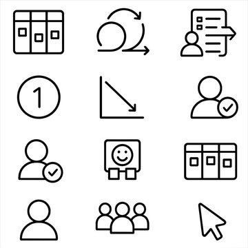 Набор иконок Scrum. Outline icon set of agile scrum: scrum board, sprint cycle, stand-up meeting, backlog list