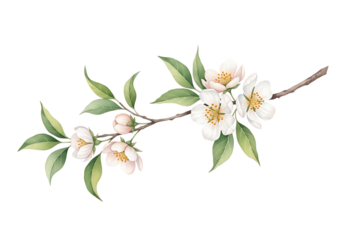 Watercolor branch with white flowers and green leaves isolated on transparent background