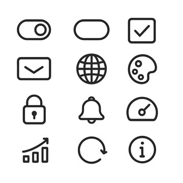 Settings Icons Grid. Outline icon set of settings and preferences: toggles, checkbox, radio button, dropdown,