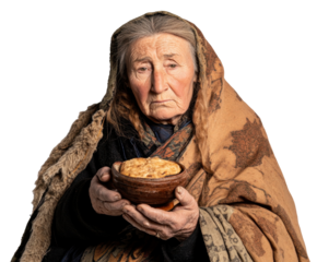 A Portrait of Resilience: An Elderly Woman Holding Bread in a Traditional Cloak, Reflecting Life's Hardships and Cultural Heritage isolated on transparent background