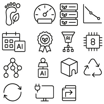 Sustainable AI Icons. Outline icon set of sustainable AI: carbon footprint, energy meter, green data center,
