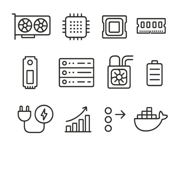 Training Hardware Icons. Outline icon set of training hardware: GPU card, TPU chip, CPU socket, memory bank,