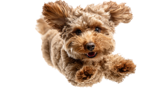 Playful Puppy Exuberantly Leaping in Delight, Showcasing Its Fluffy Fur and Joyful Expression  isolated on transparent background