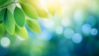 vibrant green and blue nature bokeh background with soft dreamy light and fresh leafy blur