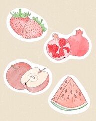 Hand-Drawn Fruit Sticker Set in Pastel Watercolor Style. Charming and whimsical graphic set ideal for branding, labels, and digital media.