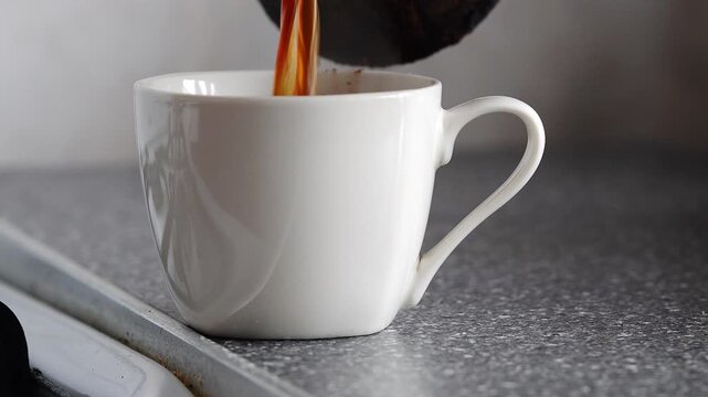 Male hand pouring coffee from a turk into a white cup, close-up