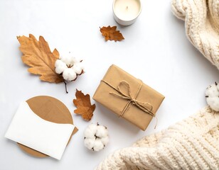 Cozy Autumn Still Life with Gift and Natural Elements.