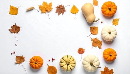 Autumnal Still Life - Pumpkins and Leaves on White Background.
