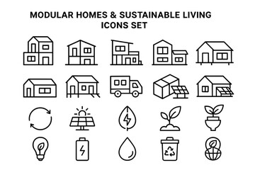 Modular Homes and Sustainable Living Icons &ndash; Eco-Friendly Housing and Renewable Energy Line Set
