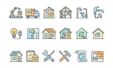 Home Construction and Renovation Icons &ndash; House Building, Tools and Eco Architecture Vector Set