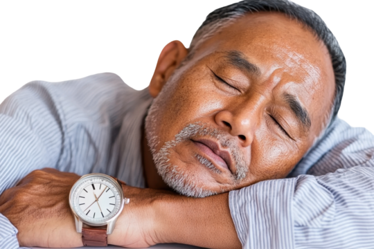 Serene Moment: A Close-Up of an Elderly Man Relaxing with Closed Eyes and a Silver Watch Resting on His Arm, Exuding Calm and Peacefulness isolated on transparent background
