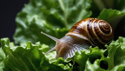 A snail on lettuce leaves