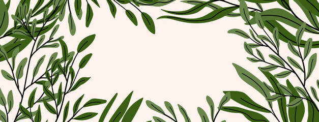 Minimalist background with various green leaves. Botanical frame for banner, invitation, greeting card, website header. Vector illustration