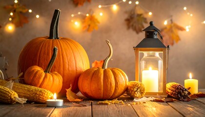 Autumn Harvest Still Life with Pumpkins and Lantern.