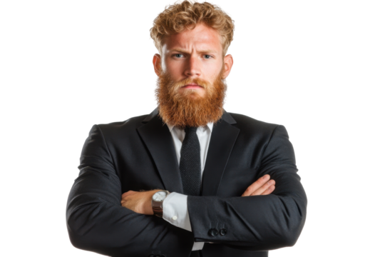A Confident Businessman with a Distinctive Beard and Stylish Suit, Projecting Authority and Professionalism isolated on transparent background