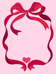 Whimsical red ribbon frame with bow and heart on soft pink background. Perfect for romantic greeting cards, wedding invitations, Valentine’s Day designs, love decorations, and festive vector art.