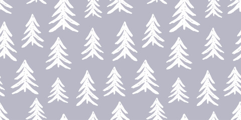 Сhristmas trees white frozen silhouettes hand drawn, seamless pattern, vector background, wrapper, paper, fabric, print