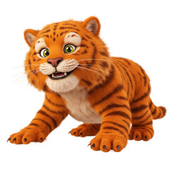 Obraz premium Adorable Tiger Cub Cartoon Character Smiling and Crouching Orange Striped Feline Kitten on transparent background