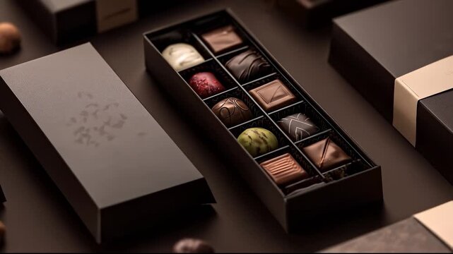 A beautifully arranged box of assorted chocolates showcases various flavors and designs. These chocolates are displayed elegantly, inviting indulgence with their rich textures.
