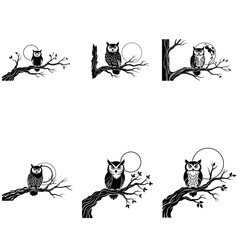 Nocturnal Owl on a Branch with Full Moon Vector Collection.
