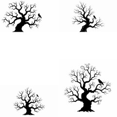 Spooky Halloween Tree and Crow Silhouette Vector Set.