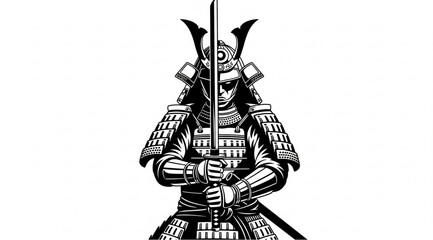  Japanese Samurai Warrior with Katana Sword Vector Illustration.