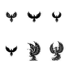 Mythical Phoenix Bird Silhouette and Tattoo Art Vector Set