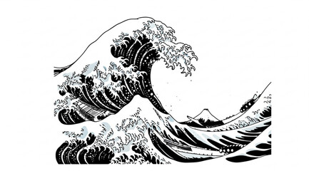 Iconic Japanese Great Wave Black and White Line Art Illustration