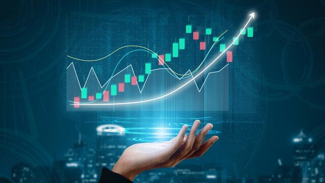 A futuristic hand conveys a digital stock market graph, showcasing a rising financial trend. This image symbolizes technology-driven investment opportunities and growth. Copula