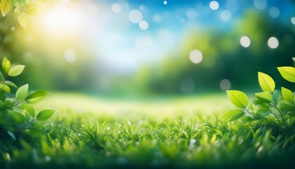 Obraz premium soft focus green nature background with blue sky glimpses and gentle bokeh lights