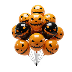Obraz premium Medium bunch of orange and black Halloween balloons with carved pumpkin faces festive decoration for autumn holiday celebration transparent background