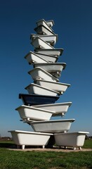 A precarious architectural structure built using multiple porcelain bathtubs piled vertically, reaching great height, symbolizing excess ,volume ,column ,height