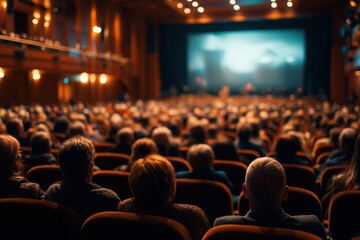 Audience in the auditorium of a conference hall, a business presentation, or a cinema screen, crowd sitting and listening to a speaker at a corporate event.