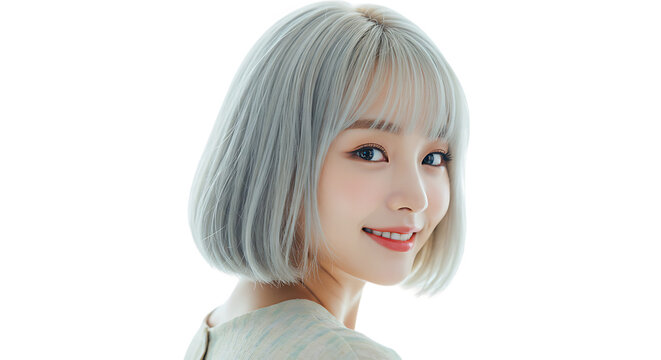 Pretty Young Asian Woman with Short White Hair Smiling and Looking Back Over Shoulder on Transparent Background