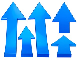 Array of glossy, three-dimensional, cobalt-blue upward arrows isolated on a white backdrop