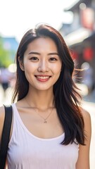 Asian woman smiling in a sunlit street wearing a white tank top and gold necklace
