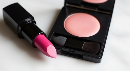Bright Pink Lipstick and Soft Pink Blush Compact with Applicator on White Surface makeup cosmetic
