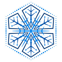 Ornate blue snowflake on white background. Ornamental winter fantasy design element. Elegant geometric mandala star pattern. Christmas snowflake ornament.