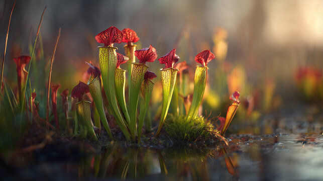 Pianta carnivora Sarracenia nel suo habitat naturale con luce dorata e riflessi d&rsquo;acqua